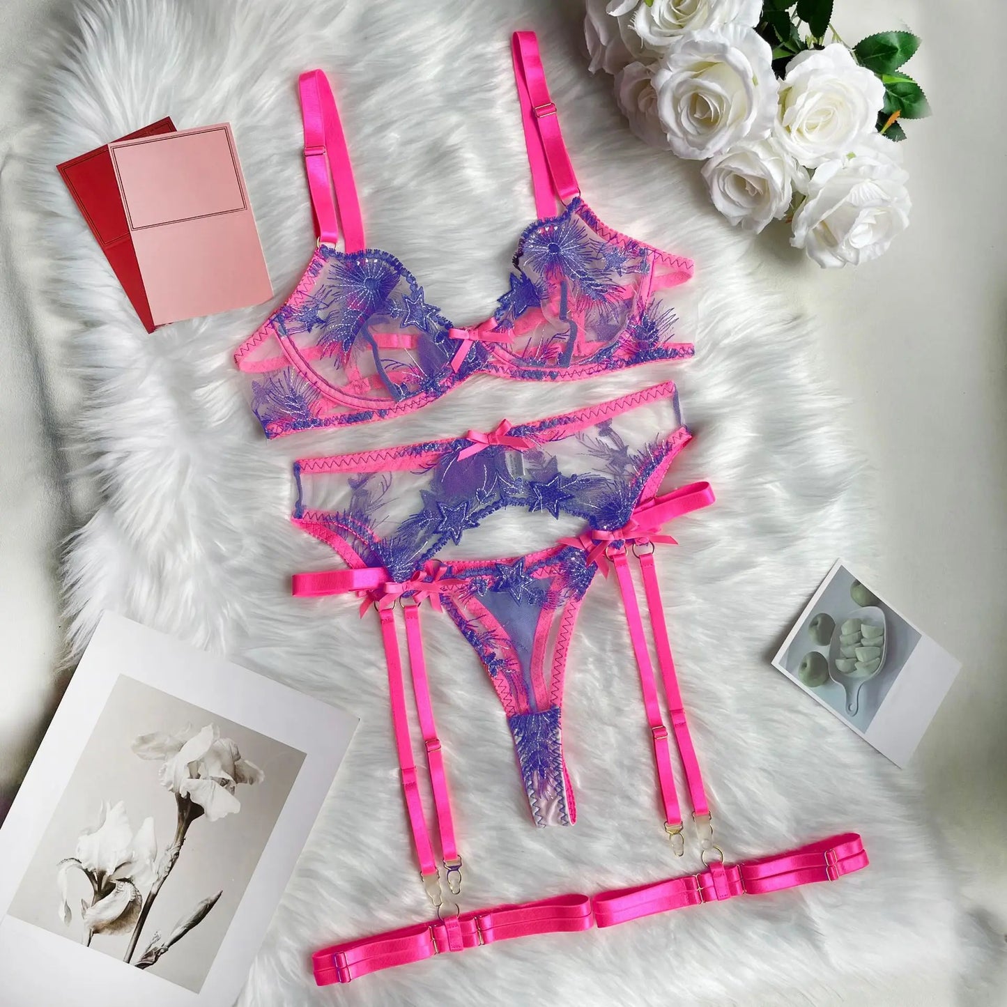 Women's Sexy Lingerie Set Pink Sheer Lace Underwear Set Floral Embroidery Garter Belt Fairy Outfit Sensual See-Through 3-Piece