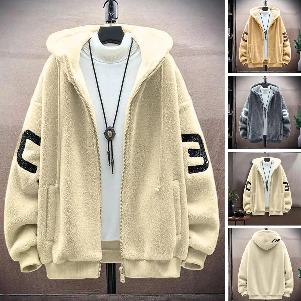 Faux Sherpa Thickened Men Jacket Zipper Closure Pockets Hooded Jackets Casual Thickened Sherpa Lining Winter Warm Men's Jackets