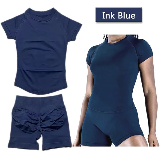 2 Pieces Sports Sets Short Sleeve Seamless Yoga Top Fitness Set Women Workout Running Sports Shorts Gym Suit