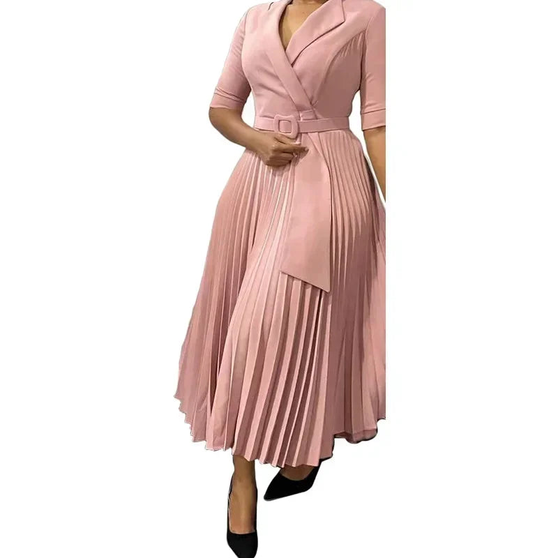 New Dashiki African Dresses for Women Spring Autumn Elegant Half Sleeve V-neck Pleated OL Style Midi Dress African Clothes Femme