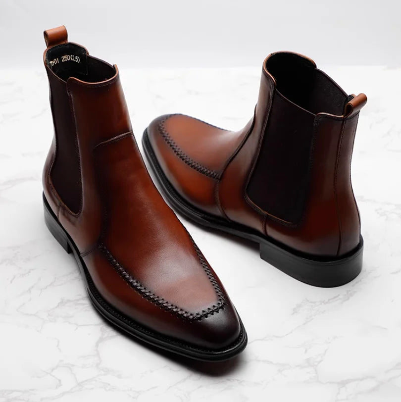 New men's Chelsea boots, youth British pointed leather shoes, vintage sleeve cowhide men's short boots.