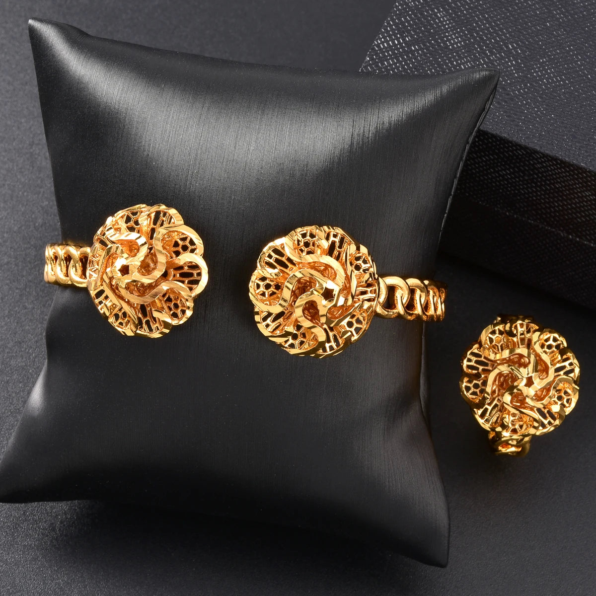 African Gold Plated Floral Cuff Bangle  Ring Set for Women Arabic Pattern Daily Jewelry Gift