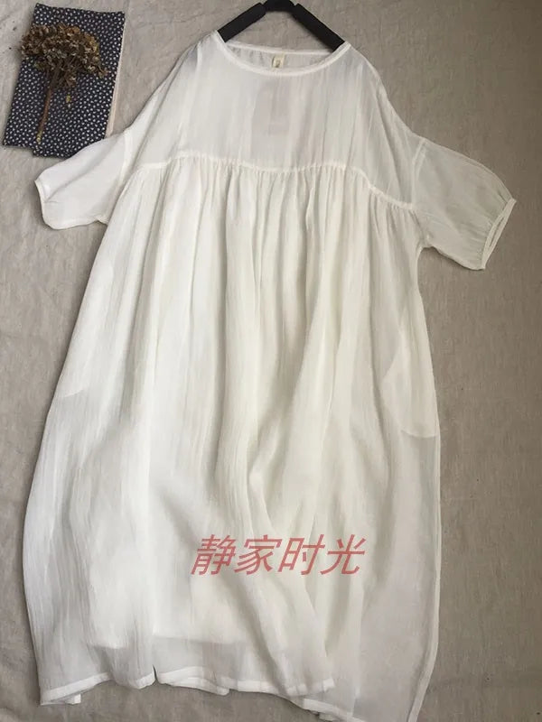 2024 Women Summer Cotton And Linen Pleated Double Layered Robe Casual Loose Half Sleeve Dress Ladies Holiday Clothes X1041