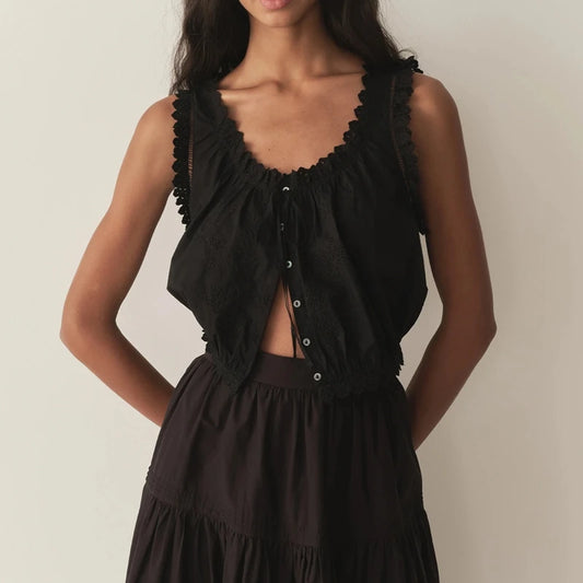 Women's Floral Print Crop Tank Top Cute Y2k Ruched Open Front Pleated Ruffle Hollow Eyelet Embroidery leeveless Shirt Streetwear