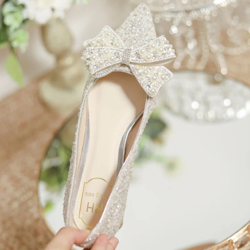 2024 New Autumn Brand Designer High Heels Luxury Pearl Crystal Bowtie White Wedding Shoes Women Pumps Thin Heeled Party Shoes