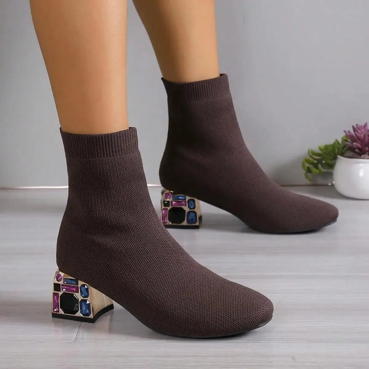 Women Hot Sale High Heels Short Boots 2023 Winter Designer Square Toe Mesh Breathable Stretch Sock Boots Slip on Platform Shoes