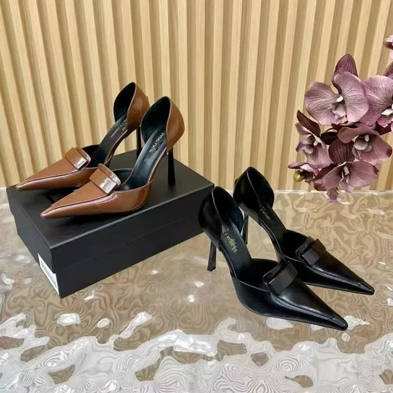 10cm Metal Blade Pointed Toe Stiletto Heels Pumps Coffee Brown Retro Fashion Dress Shoes Woman Thin High Heels Designer