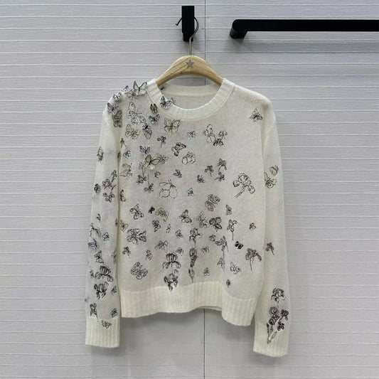 New Spring Fashion 3D Embroidery Butterfly Sweet Thin Sweater Women O-neck Long Sleeve Wool Silk Yarn Knitted Pullover