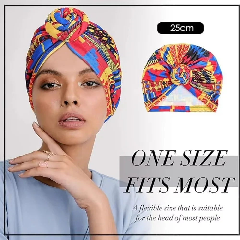 Fashion African Print Hijab Caps Pleated Wrap Twist Knot Turban Hat Elastic Knotted Style Floral Head Wrap All Match Decor