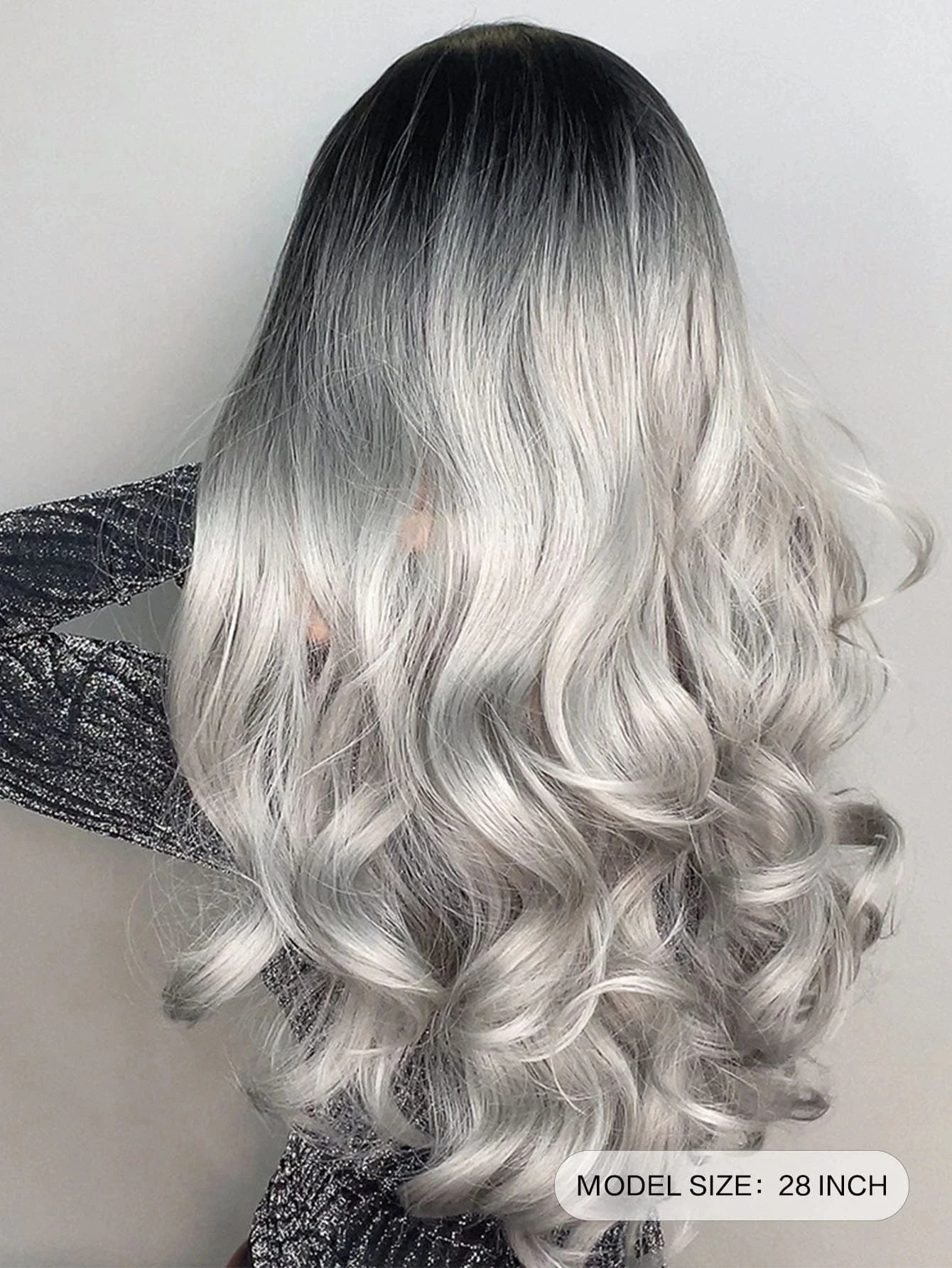 Long Wavy Silver Ash Ombre Cosplay Synthetic Wigs Natural Curly Gray Black Hair Wig with Bangs for Women Afro Heat Resistant