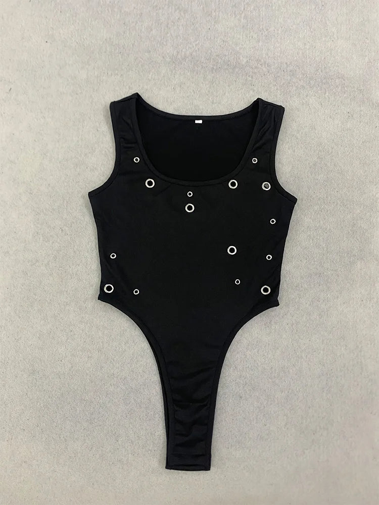 Summer Women's Sexy Spicy Girl Style Metal Eye Decoration Slim Fit Sleeveless Square Neck Vest Slim Fit Punk Jumpsuit Ins Style