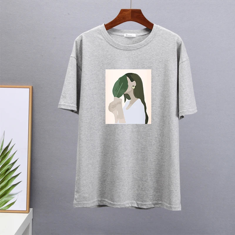 Hirsionsan Harajuku Printed T Shirt Women 2023 Summer Chic Tees 100% Cotton Elegant Graphic Clothes Loose Casual Pullover Tops