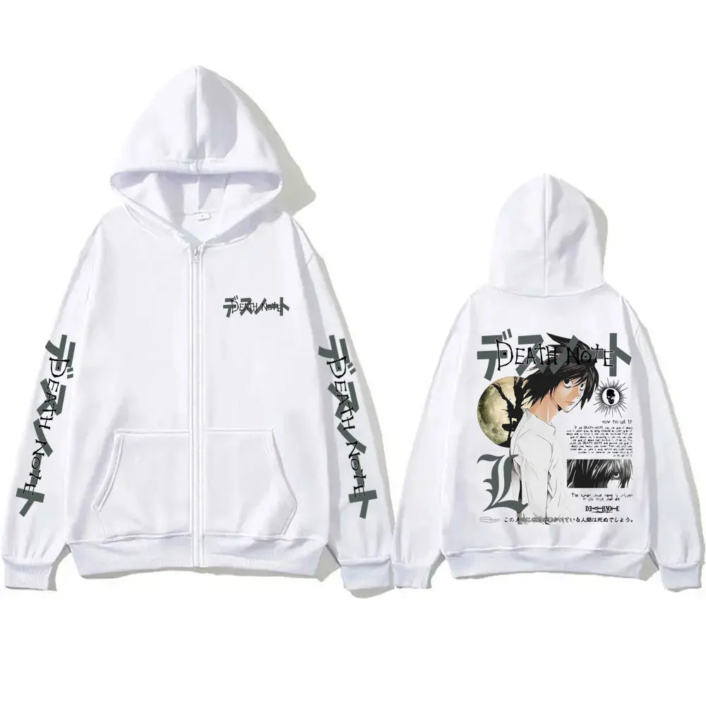 Anime Death Note L Lawliet Graphic Zipper Hoodie Men Women Casual Oversized Cotton Zip Up Jacket Male Vintage Zip Up Sweatshirt BAZAARHUBO