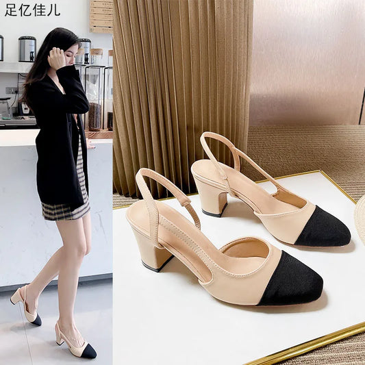 2023Spring Autumn Fashion High Heels Sandals Women's Dress Square Toe Slingback Shoes Women's Color Block Back With Flat Sandals
