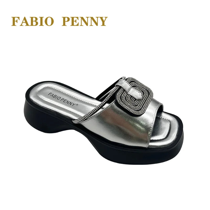 FABIO PENNY2026 new solid-color exquisite water diamond design thick-soled women's fashionable slippers and party sandals