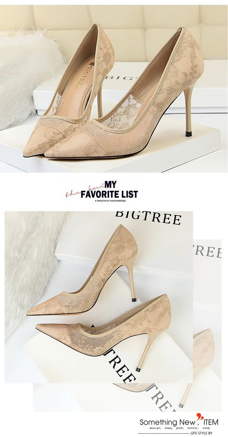 Women Fashion Sexy Pumps High Heels Shoes Female Sexy Wedding Shoes Ladies Stiletto Women New Pointed Toe Mesh Hollow Lace Heels