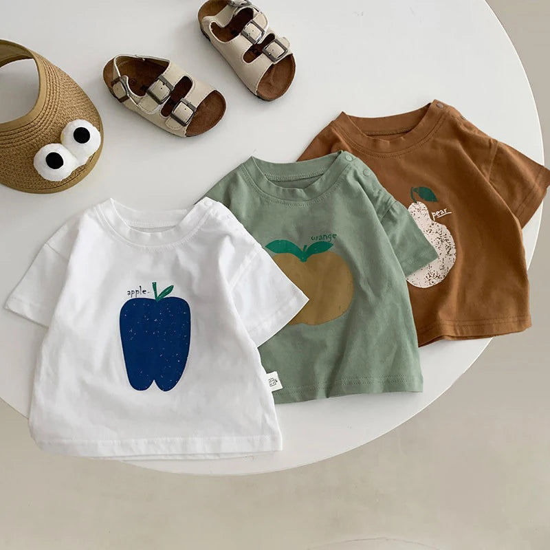 Fashion Baby Fruit Printed Short Sleeve Top Kids Girls Casual Cotton T-shirt Korean Boys' Round Neck Versatile Clothes
