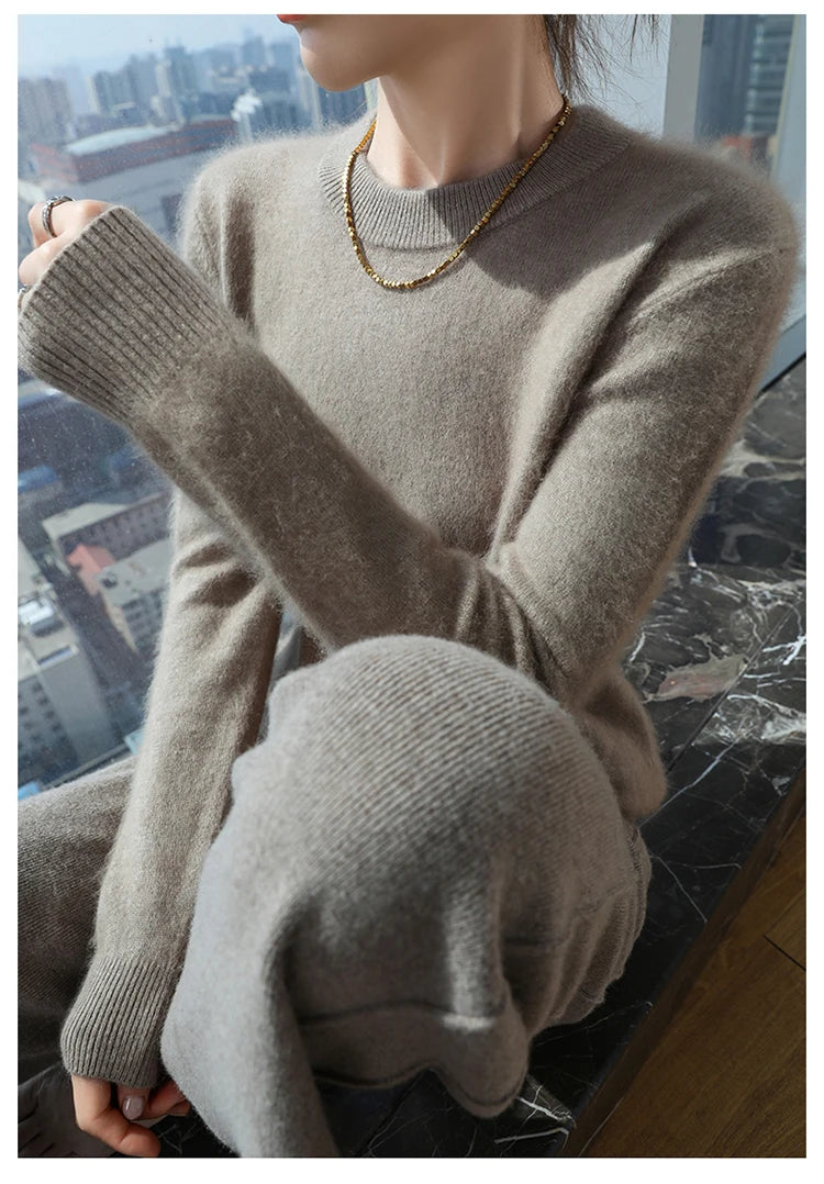 Autumn and winter women's semi high neck pullover sweater solid color knitted slim fit women's 100 mink cashmere sweater new sty