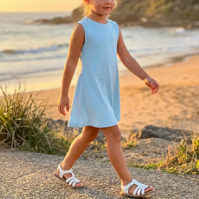 Summer Children Casual Dress Fashion Sky Blue Girls O Neck T Shirt Dresses Kids Outdoor Beach Clothes New Style Sleeveless Dres