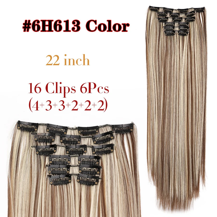 22 Inches Synthetic Long Straight Hairstyle 16 Clips 6Pcs/Set Hair Extensions Blonde Black Hairpieces Heat Resistant For Women