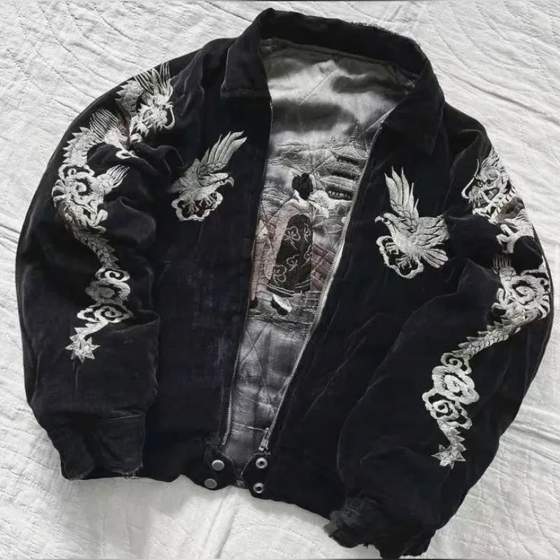 Hip Hop Japan Harajuku Style Jacket Gothic Dragon Pattern Bomber Jackets High Quality Embroidered Y2k Zipper Fleece Lined Coat