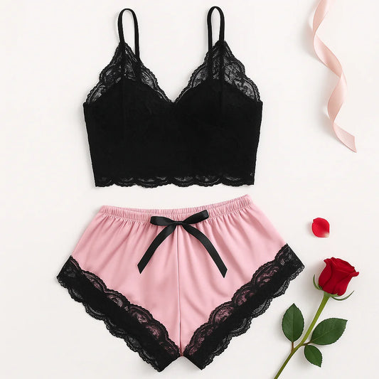 Women's 2 Piece Sexy Lace Pajama Set See-Through Bralette Cami Top and Shorts Breathable Sleepwear Plus Size Summer Lingerie