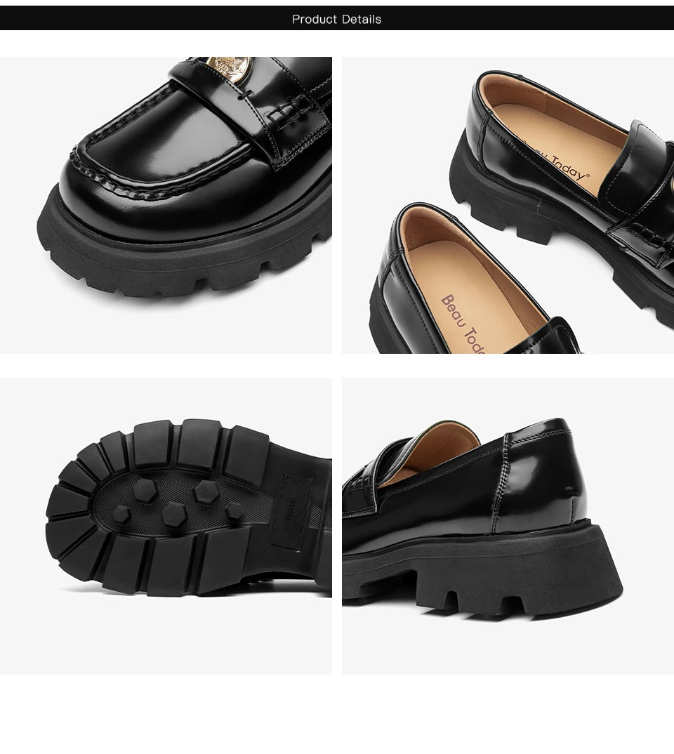 BEAUTODAY Penny Loafers Women Genuine Leather Moccasin Square Toe Metal Buckle Laides Platform Shoes Handmade 26424