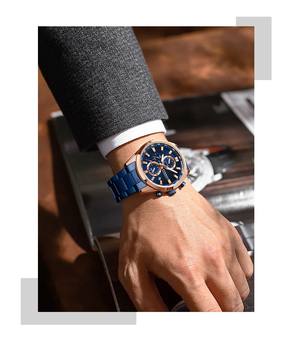 CURREN  New Sports Multifunction Stainless Steel Band Watches Fashion Brand Quartz Men's Wristwatches with Date