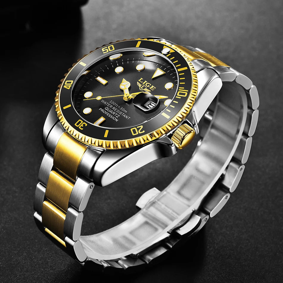 LIGE Top Original Men Quartz Watches Blue Waterproof Watch for Men Stainless Steel Quartz Men Luxury Watch Luminous Wristwatch