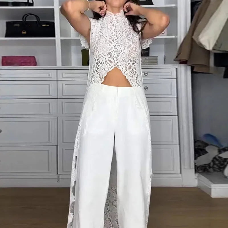 See Through Lace Vest Pant Set Women Beach Sling  Tops Pleated Straight Pants 2026 Summer Vacation Hollow Out Lady Suits