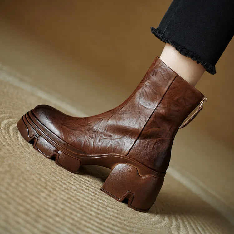 NEW Autumn Women Boots Genuine Leather Shoes for Women Round Toe Chunky Heel Shoes Concise Zip Platform Boots Soft Daily Shoes