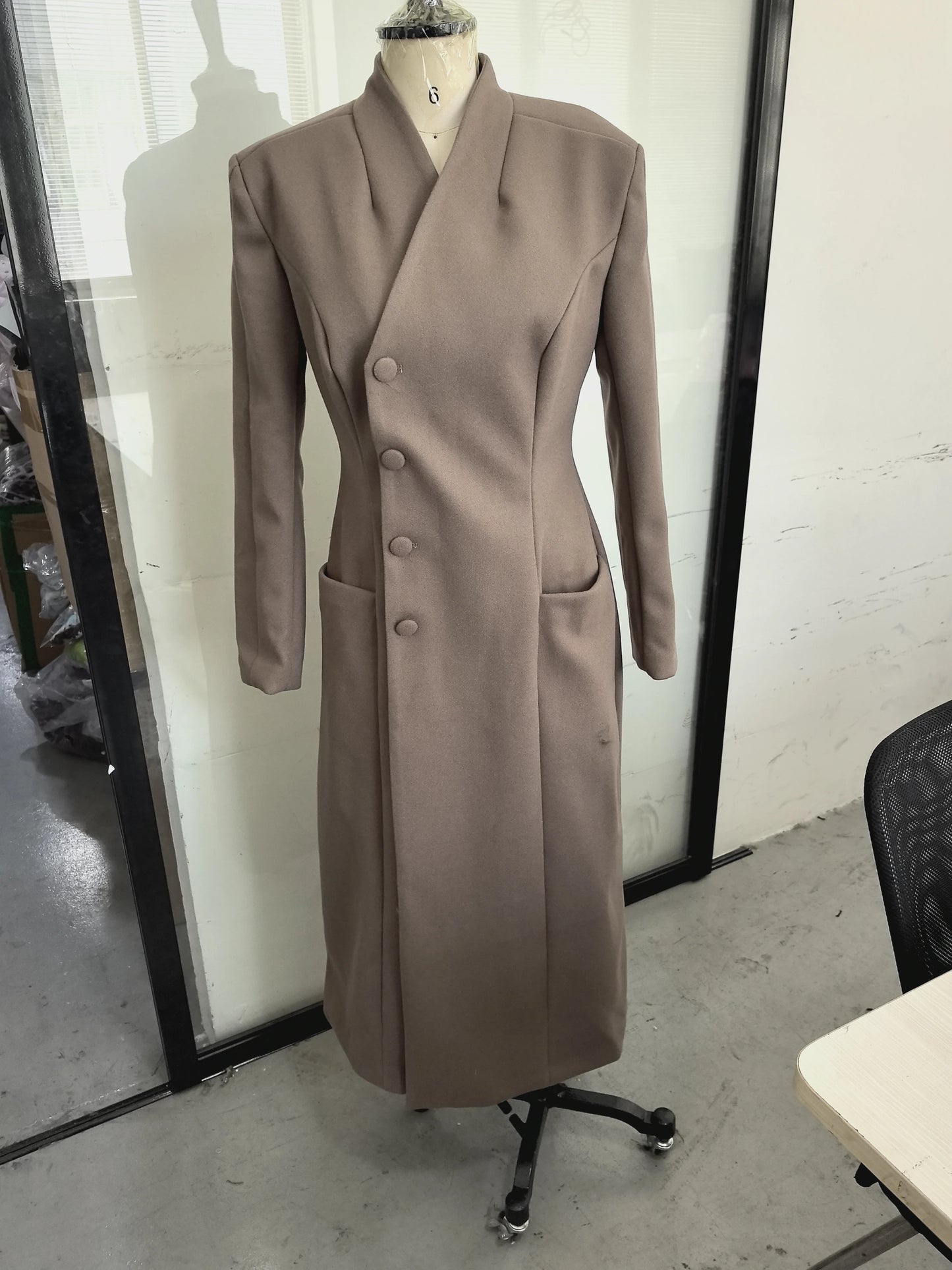 Elegant Long Coat Women V-neck Solid Slim Single-breasted Waist-closed Jackets Lady 2026 Spring Chic Female Streetwear