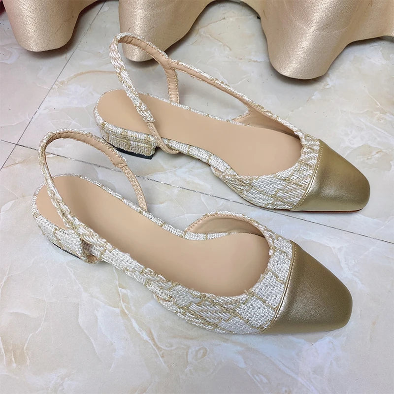 2023Spring Autumn Fashion High Heels Sandals Women's Dress Square Toe Slingback Shoes Women's Color Block Back With Flat Sandals