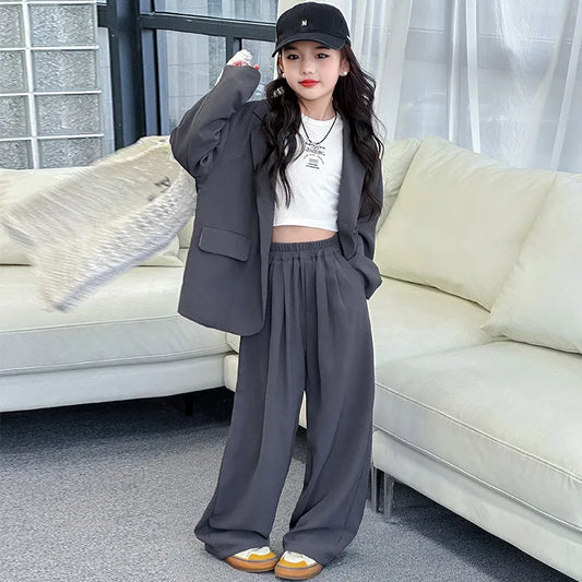 Spring Autumn Girls Blazer Suits Clothing Set Kids Jackets+Pants Fashion Loose Teenage Casual Outfits 4-14 child Casual Costumes