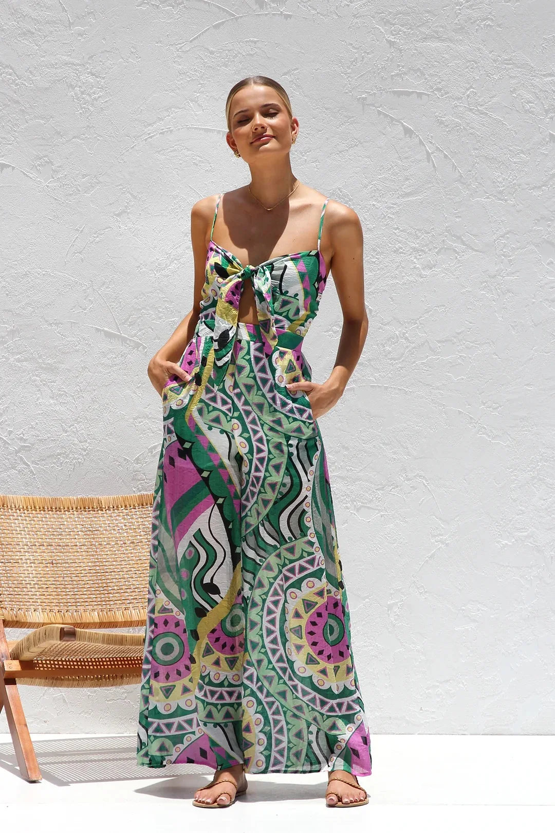 Beach Style Camisole Jumpsuit Waist Hugging Camisole Skirt Bow Tie Wide Leg Pants Vacation Jumpsuit Women's Rompers Dresses