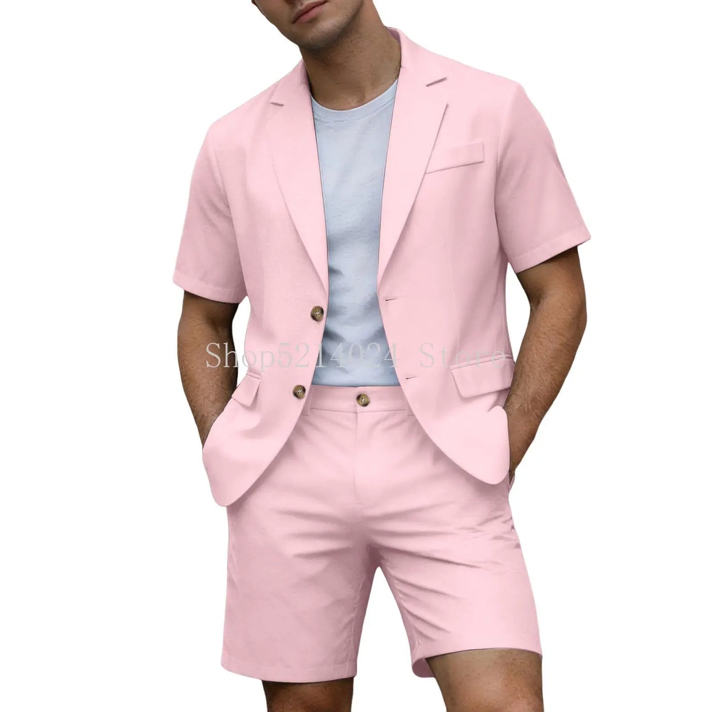 Suits for Men Short Sleeve Blazer Jacket Shorts Set Lightweight Wedding Party Business Casual Formal Outfits
