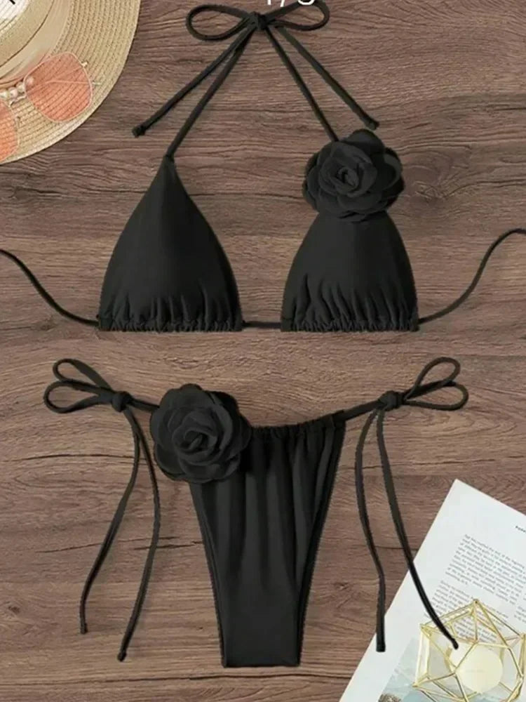 Women Two Piece Bikini Set 3D Floral Bandeau Swimwear Sexy Brazilian Bikini Lace Up Bathing Suit Separate Beachwear For Women