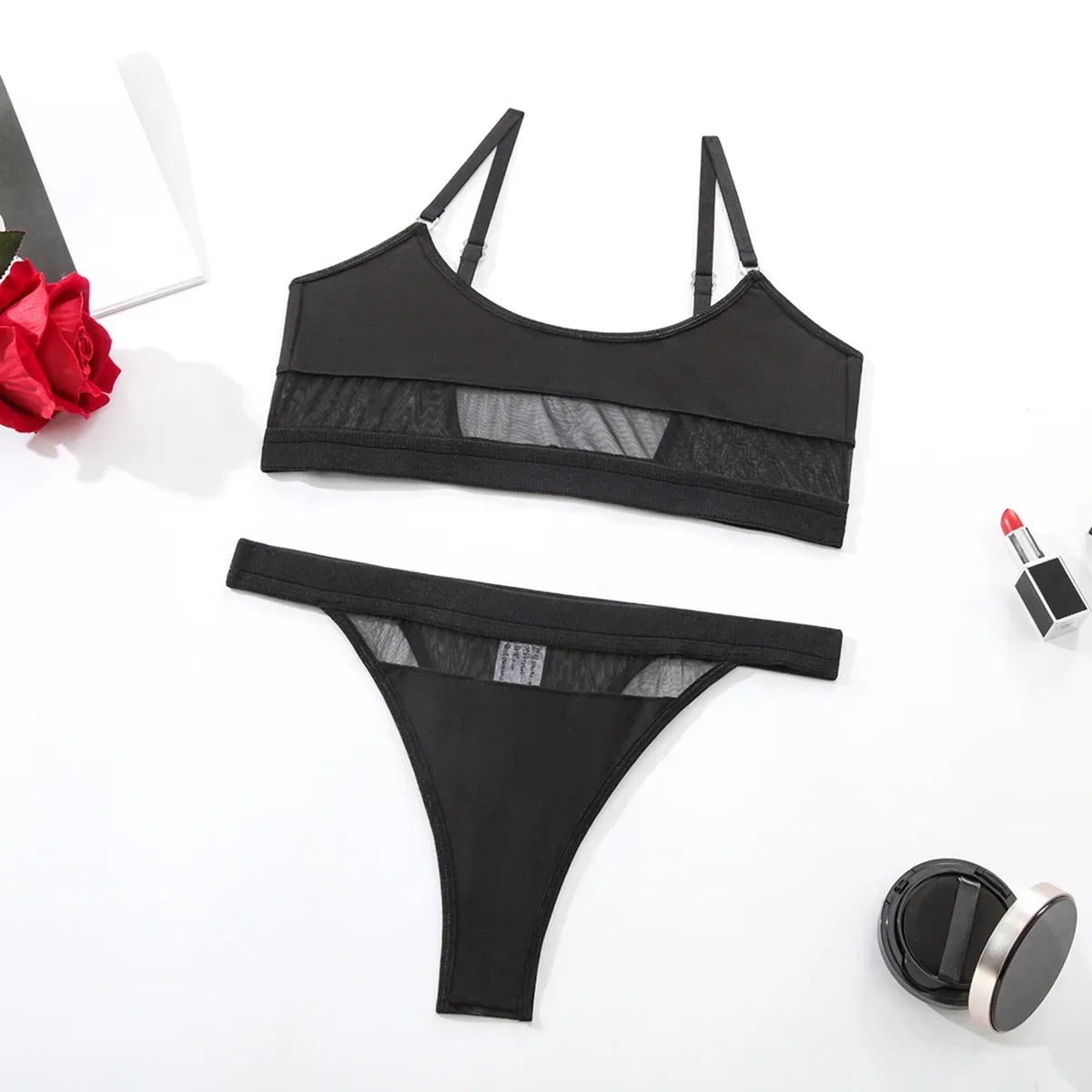 Women Sexy lingerie Set Patchwork Seethrough Mesh Nightwear Sleep Thongs Underwear Valentine's Sets Gathered Pajamas