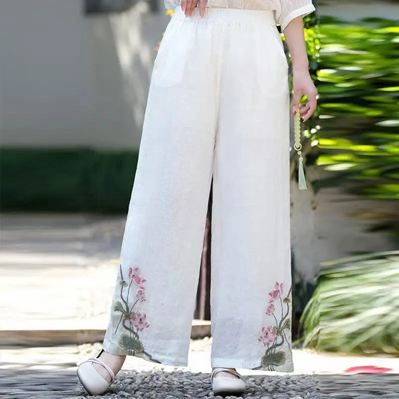 Chinese Style Vintage Embroidery Casual Trousers Women Summer Pants Literature Art National Style Retro Embroidery Bottoms