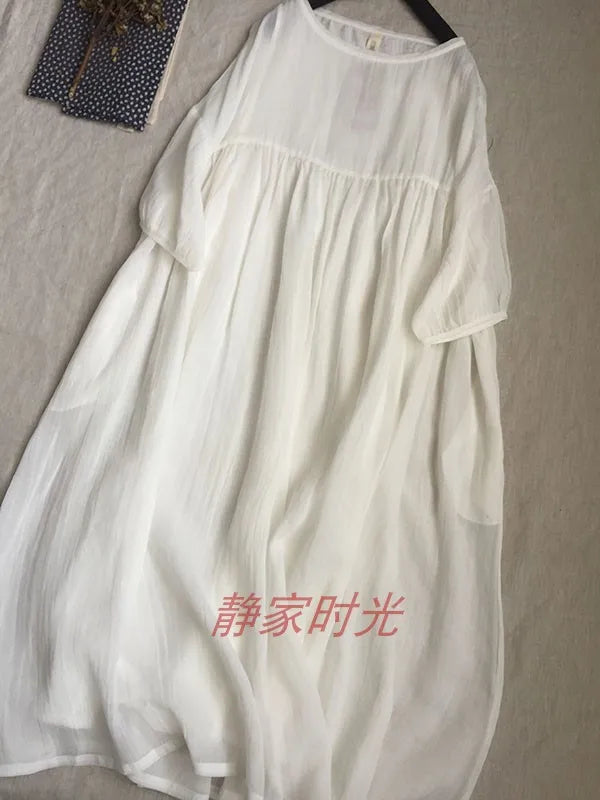 2024 Women Summer Cotton And Linen Pleated Double Layered Robe Casual Loose Half Sleeve Dress Ladies Holiday Clothes X1041