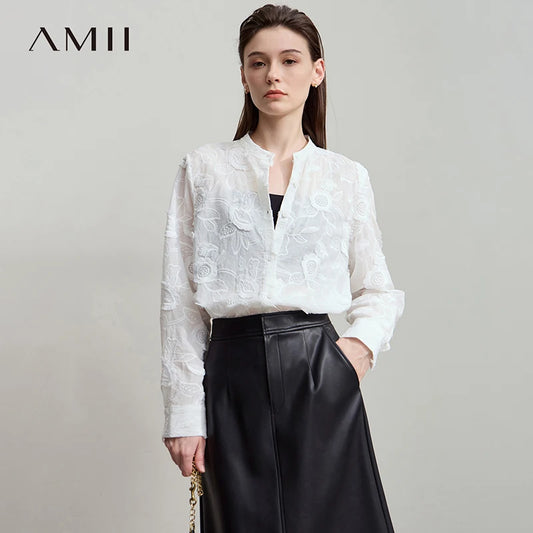 AMII 2025 Autumn New Elegant Embroidery Women's Shirt Stand Collar Wide Shoulder Office Lady Loose Blouses Women Tops 12543066