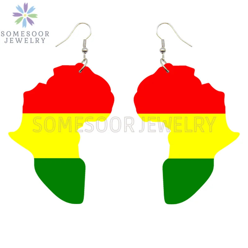 SOMESOOR Afro Countries National Flags Print Africa Map Wooden Drop Earrings Pendant For Women African Mainland Dangle Jewelry
