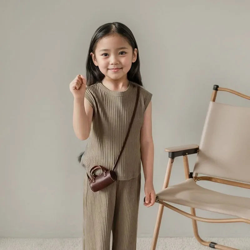 1pcs Summer Children's Clothing Sets Girls Kids Toddler Clothes Solid Color T-shirt Tank Top +Length Pants  Baby Girl Clothes
