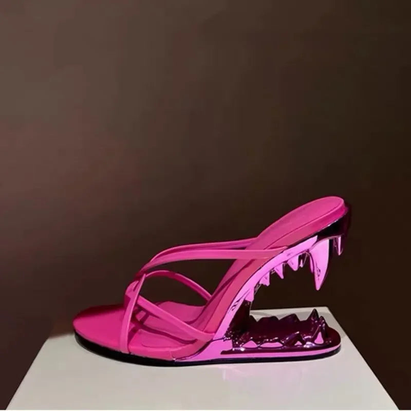 Spring Fashion Show, Teeth Shaped Heels, High Heels with Exposed Toes, Sloping Heels, Round Toe Fashion Women's Shoes