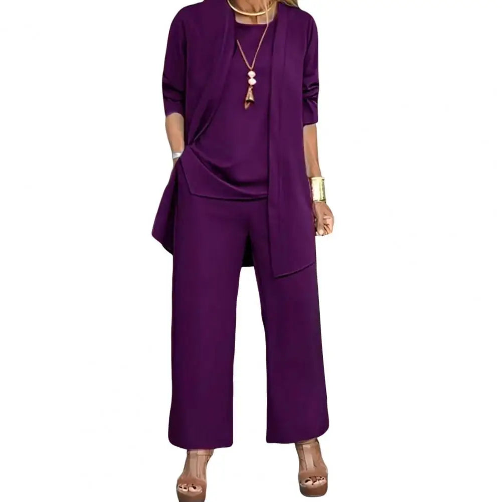 Women Clothes Stylish Women's 3-piece Pantsuit Set with Long Sleeve Cardigan O Neck Vest Wide Leg Trousers Fall Spring Outfit
