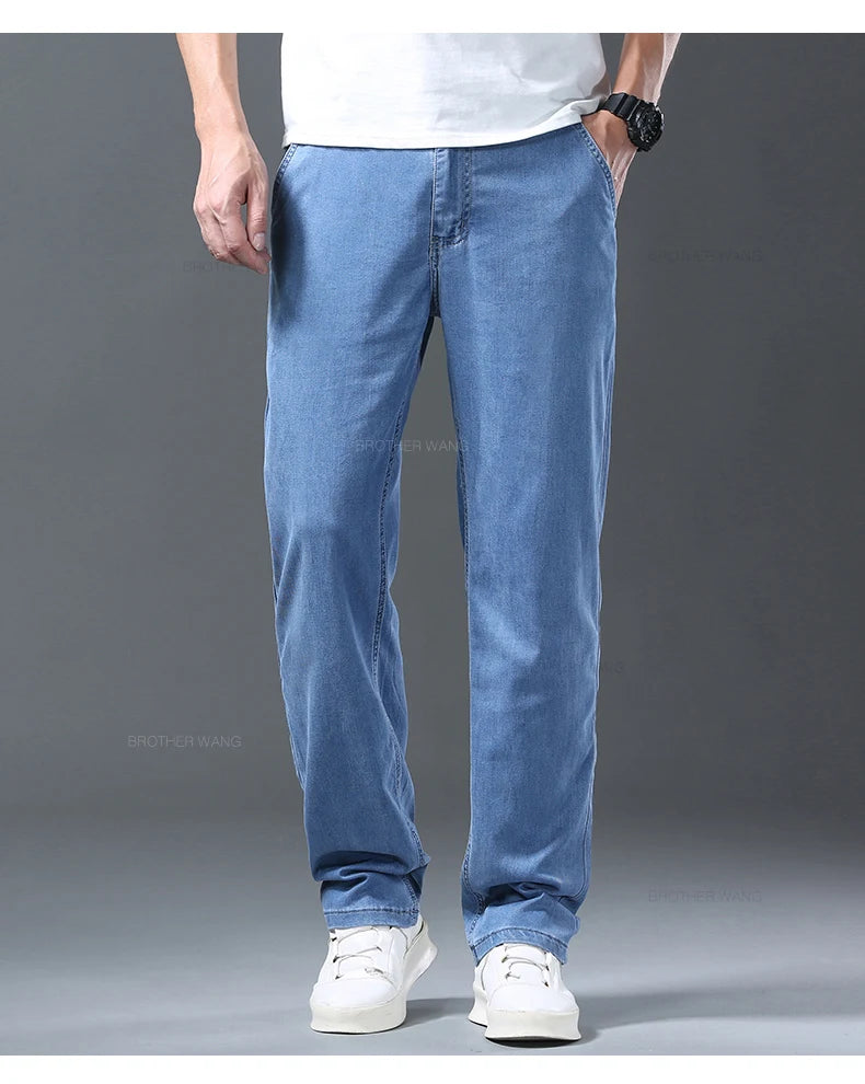 Lyocell Ice Silk Jeans Men's Summer Ultra-thin Loose Straight Denim Pants Soft Comfortable Brand Male Light Blue Trousers