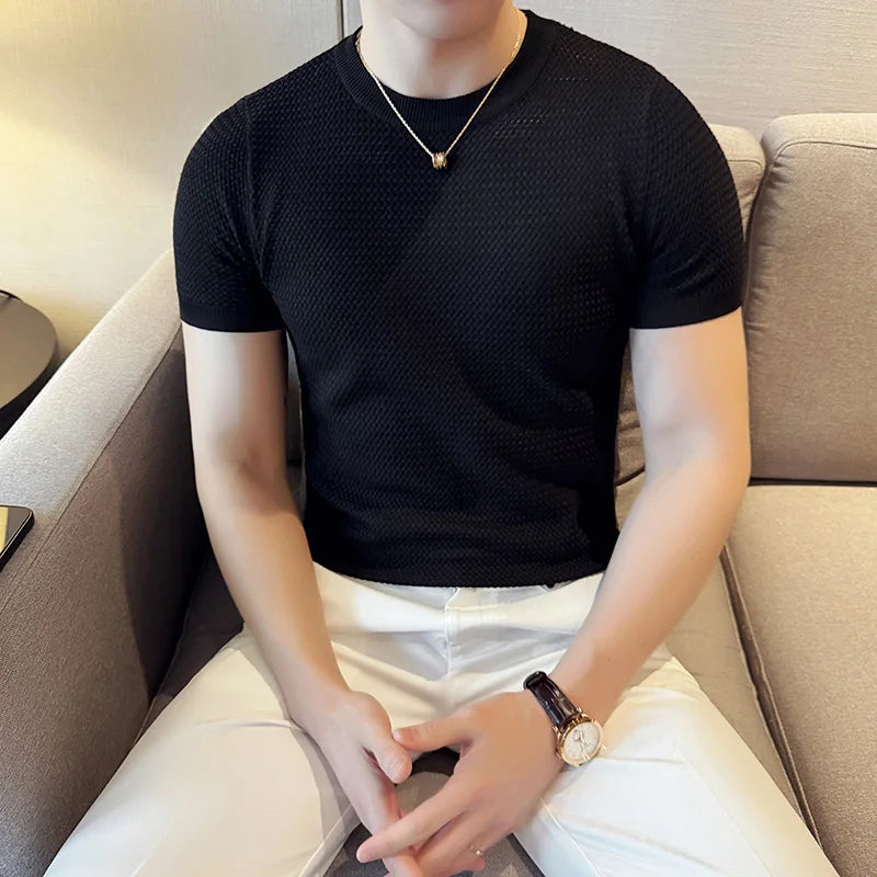 Summer Breathable T-Shirts For Men Korean Luxury Clothing O-Neck Short Sleeve Knitted Men's T Shirt Fashion Hollow Tops&Tees 3XL