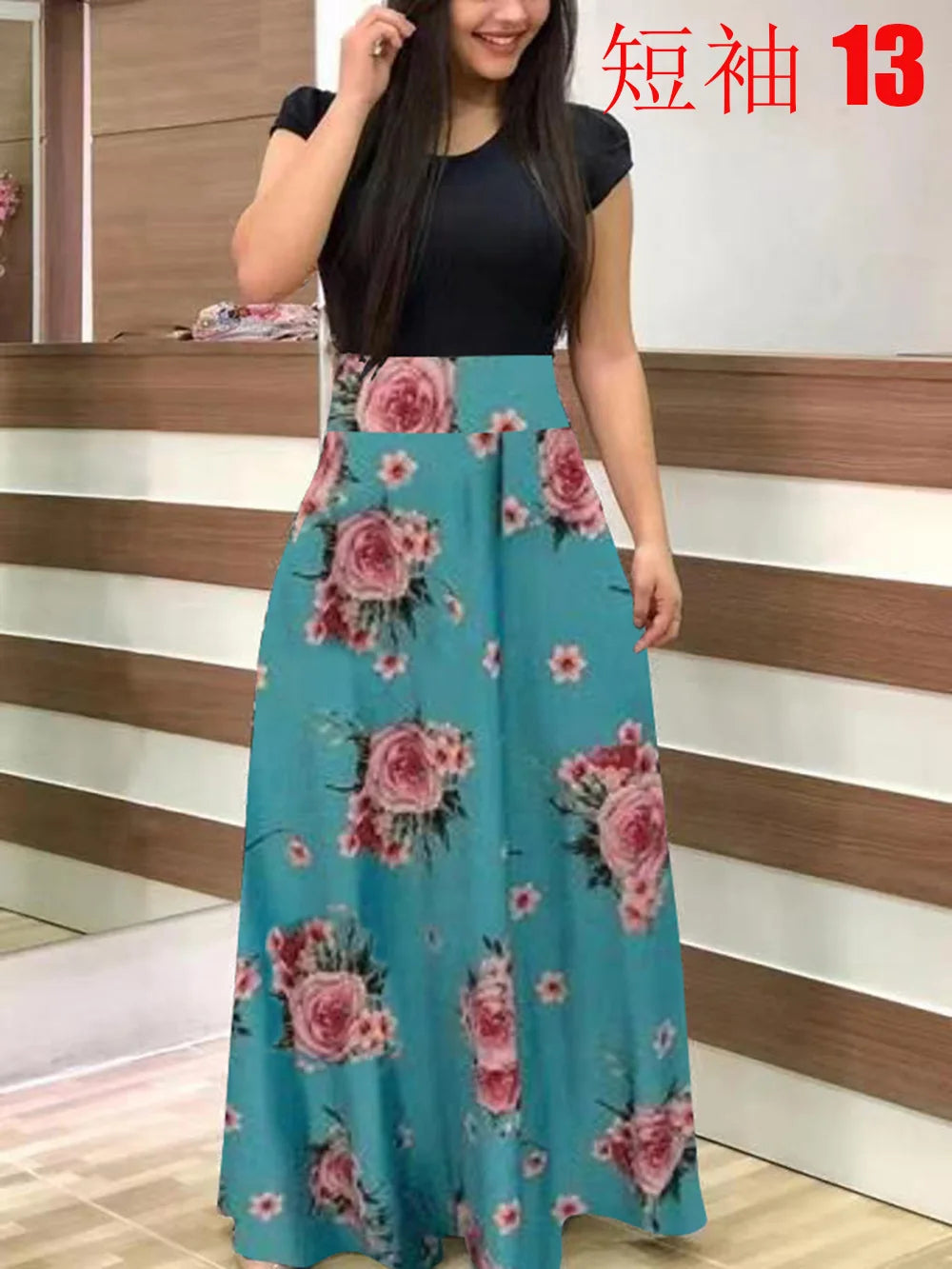 2024 European and American style flower print color matching short sleeved dress for women's large swing skirt BAZAARHUBO