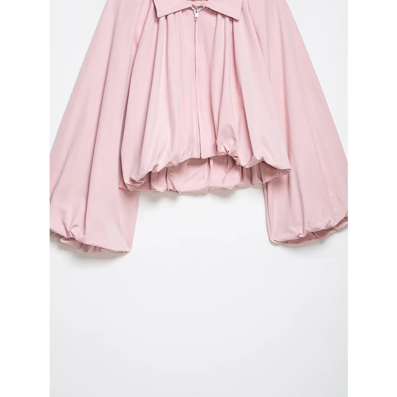 YENKYE New 2026 Women Pink Puff Sleeve Pleated Bomber Jacket Front Zipper Casual Loose Crop Coat