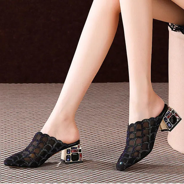 Crystal Half Slippers Female Thick Heels 2023 New Summer Fashion Outside Wear Medium Heel Mesh Cool Female Soft  Baotou Sandals